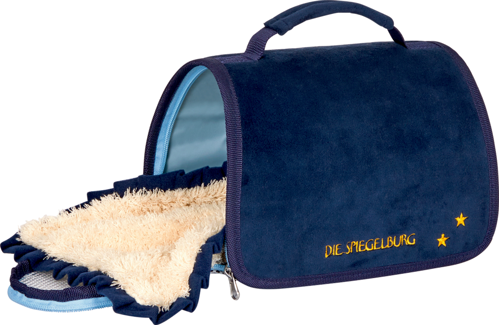 Dunkelblaue Haustiertasche mit Griff und etwas herausgezogener, beigefarbener Plüscheinlage.