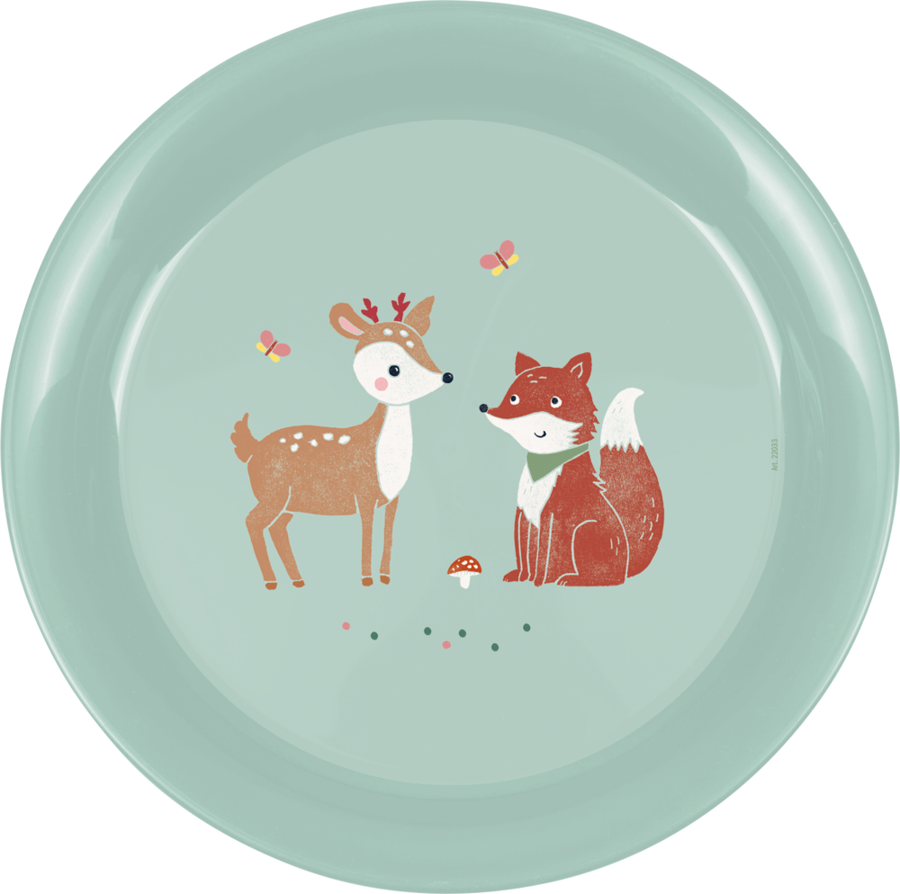 Teller Fuchs & Reh - Little Wonder Hellblauer Teller mit niedlichem Fuch- und Rehmotiv.