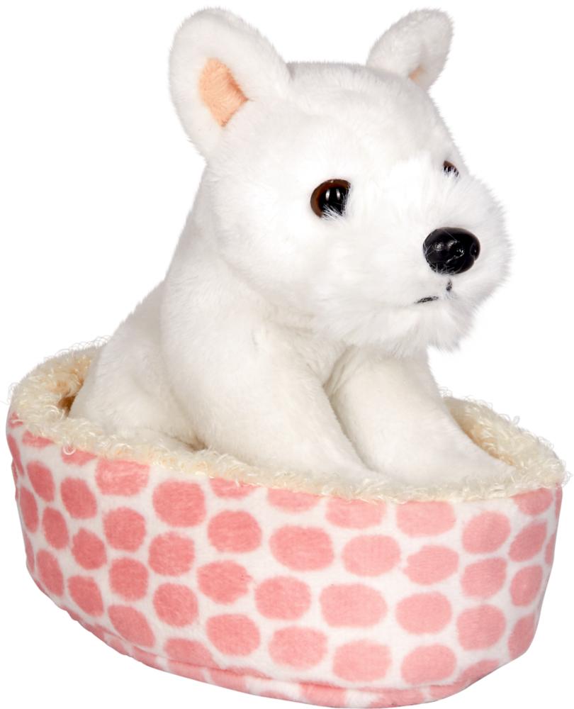 Ein weißer Plüschhund ruht in einem rosa und cremefarbenen Haustierbett mit Punkten und flauschigem Rand.