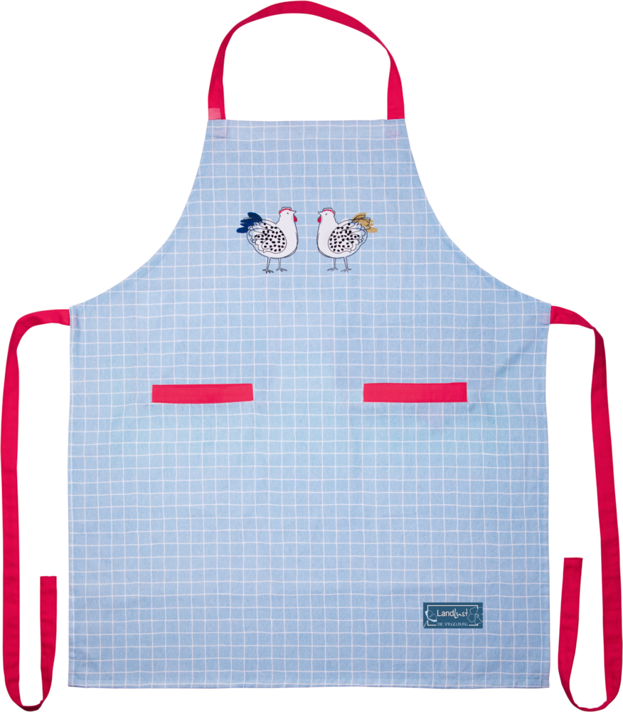 Hellblau karierte Schürze mit zwei Hühnern, roten Riemen und zwei Vordertaschen.