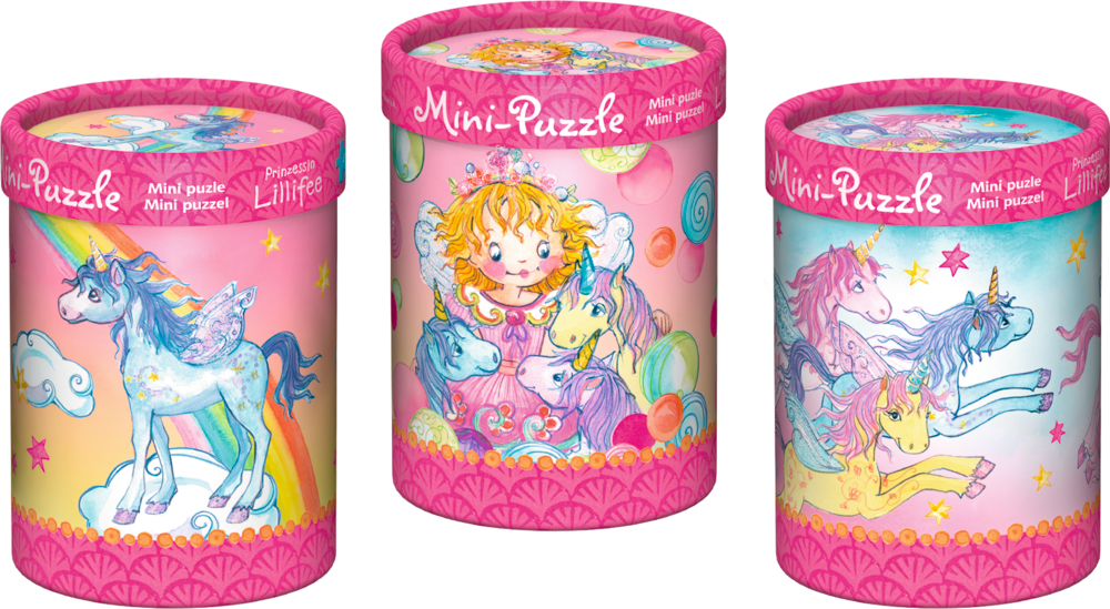 Zauberhaftes Mini-Puzzle Prinzessin Lillifee (40 Teile) Drei zylindrische Mini-Puzzleboxen mit Einhorn- und Feenmotiven auf rosa Hintergrund.
