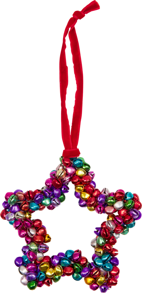 Sternförmiges Ornament, geschmückt mit bunten Glöckchen, die an einem roten Band hängen.