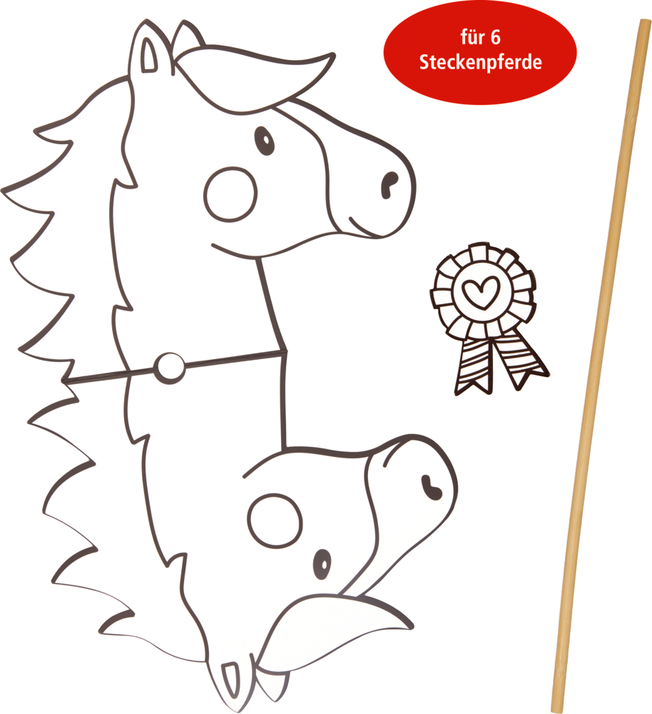 Auf einem weißen Hintergrund sind zwei Pferdekopfausschnitte, ein Holzstab und ein Bandsymbol angeordnet.