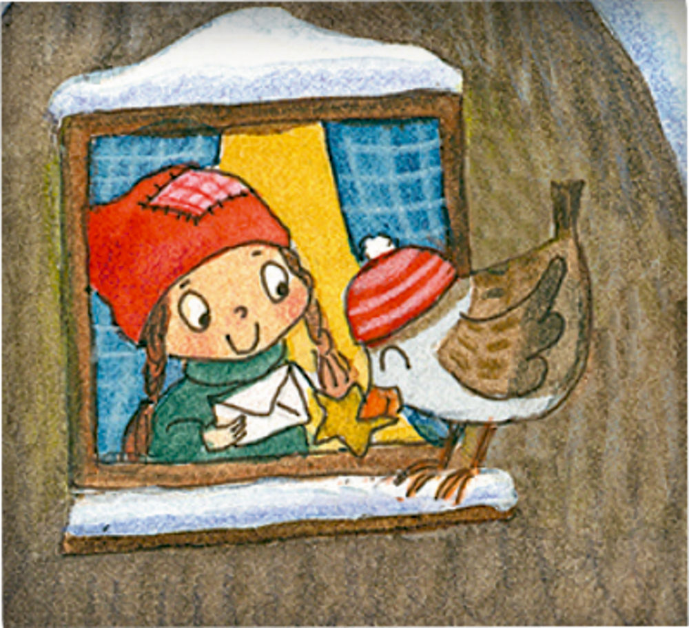 Ein MÃ¤dchen mit rotem Hut reicht einem Vogel mit rotem HÃ¼tchen am Fenster einen Brief und einen Stern.