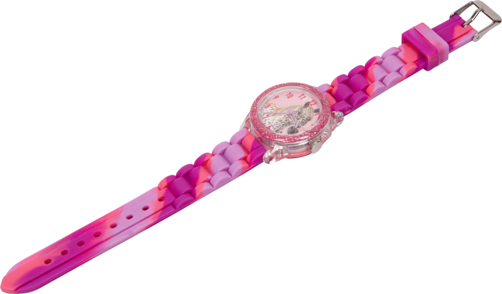 Armbanduhr - Pferdefreunde Rosa-violette Kinderarmbanduhr mit gemustertem Armband und rundem Zifferblatt mit einer Pferde-Zeichentrickfigur.