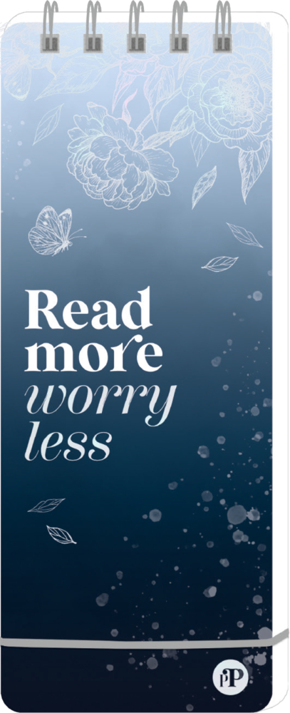 Blauer Spiralblock mit floralen weißen Linienzeichnungen, Schmetterling und dem Text „Read more worry less“.