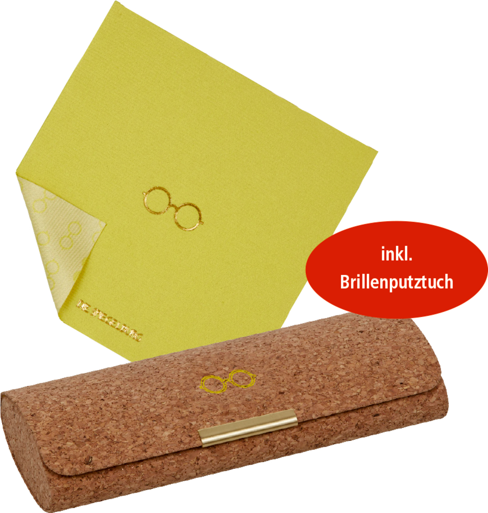 Brillenetui mit Putztuch - Kork Gelbgrünes Putztuch und Kork-Brillenetui mit goldenem Verschluss. Beides mit goldenem Brillensymbol.