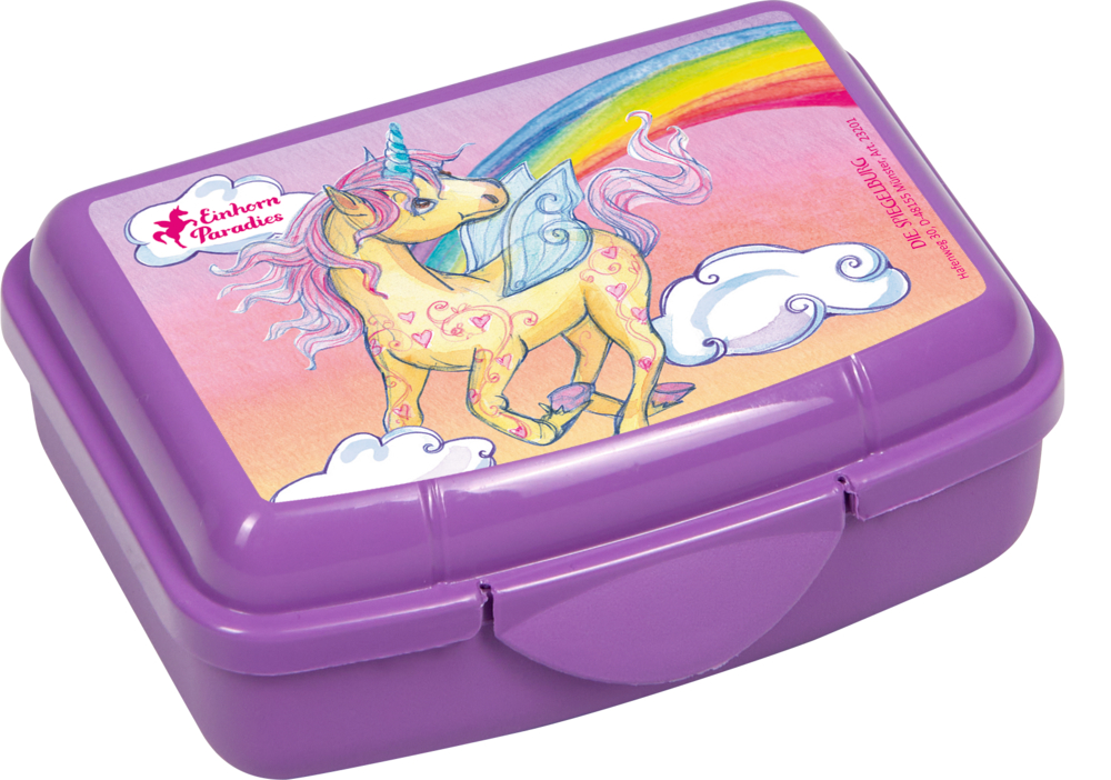 Lila Dose mit Einhorn- und Regenbogenmotiv.