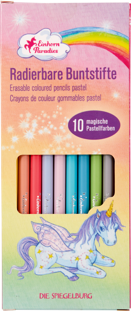 Radierbare Buntstifte Pastell - Einhorn-Paradies Schachtel mit 10 radierbaren Buntstiften in Pastellfarben mit Verpackung zum Thema Einhörner und Regenbogen.