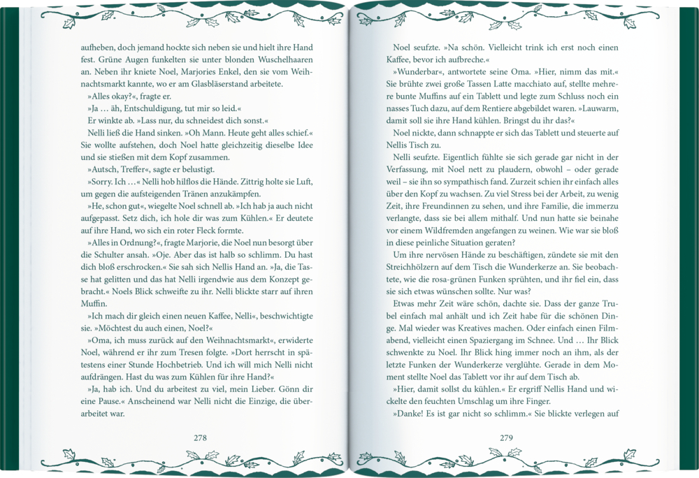 Aufgeschlagenes Buch mit Text auf den Seiten 278 und 279, verziert mit grünen Ranken am oberen und unteren Rand.