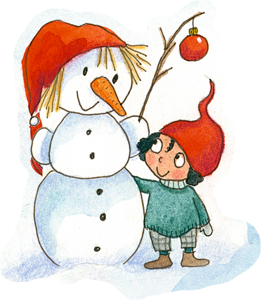 Wichtel mit roter Mütze lächelt, ein Schneemann mit Karottennase und rotem Schmuck an.
