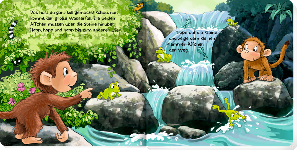 Doppelseite mit Text auf der zwei Affen und Frösche Felsen neben einem Wasserfall in einem Dschungel überqueren.