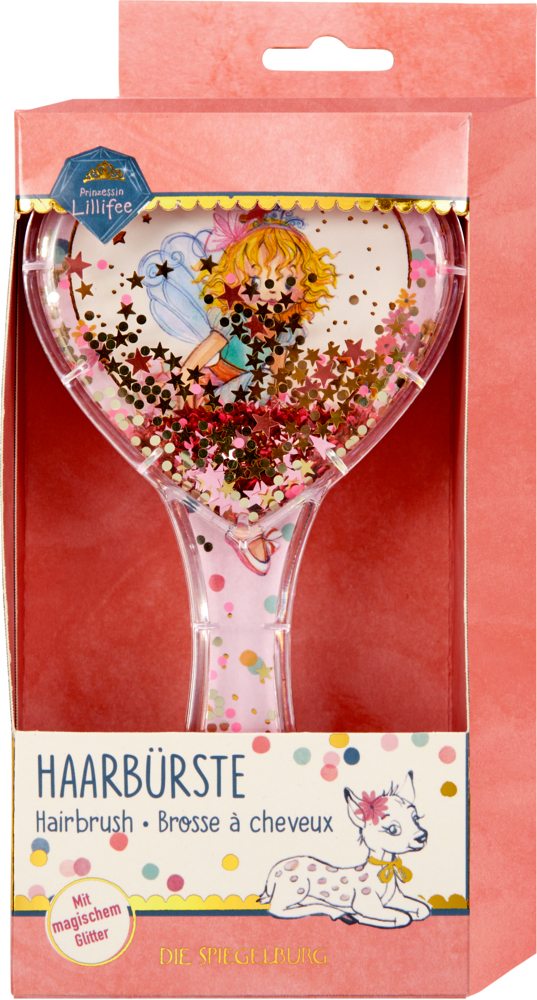 Herzförmige Kinderhaarbürste mit Feenillustration und Glitzer einer rosa Pappschachtel mit Sichtfenster.