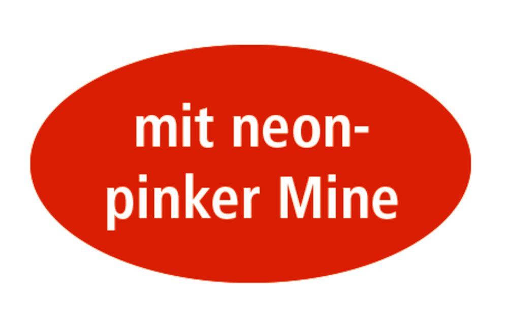 Rotes Oval mit weißem Text: „mit neon-pinker Mine“