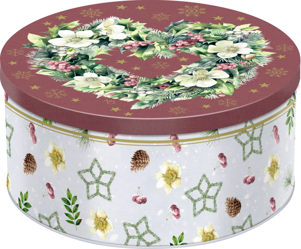 Runde Blechdose mit weinrotem Deckel und grün-weißem Kranzmotiv, Seiten mit Blüten-, Zapfen- und Beerenmuster.
