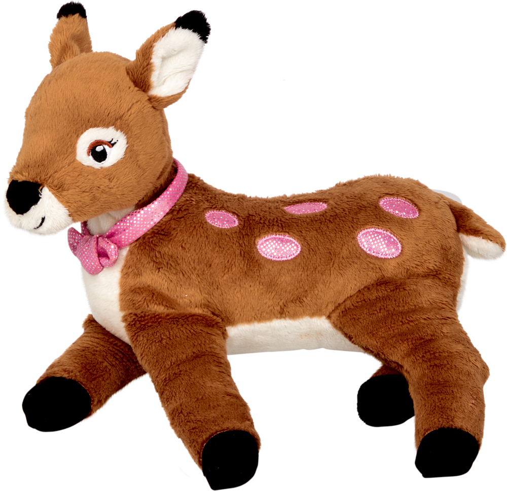 Kuschel-Reh Mara - Prinzessin Lillifee Braunes, liegendes Plüschreh mit rosa Punkten und einer rosa Schleife um den Hals.
