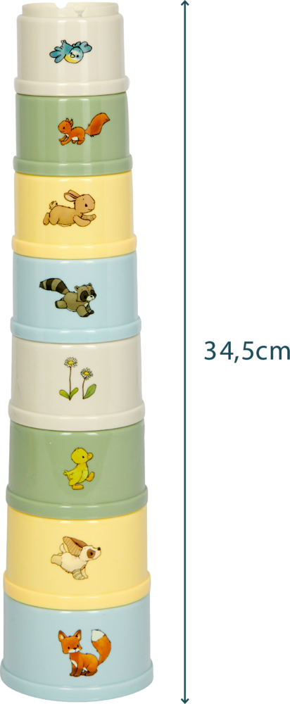 Stapel bunter Becher mit Tiermotiven, 34,5 cm hoch.