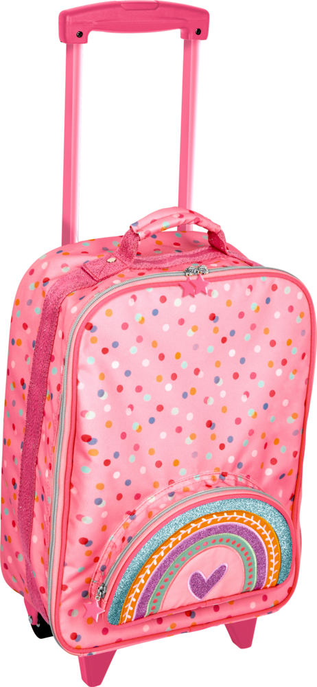 Kleiner Trolley - Prinzessin Lillifee Rosafarbener Kindertrolley mit Punkten, Regenbogenmotiv und einem Herzen auf der Vordertasche.