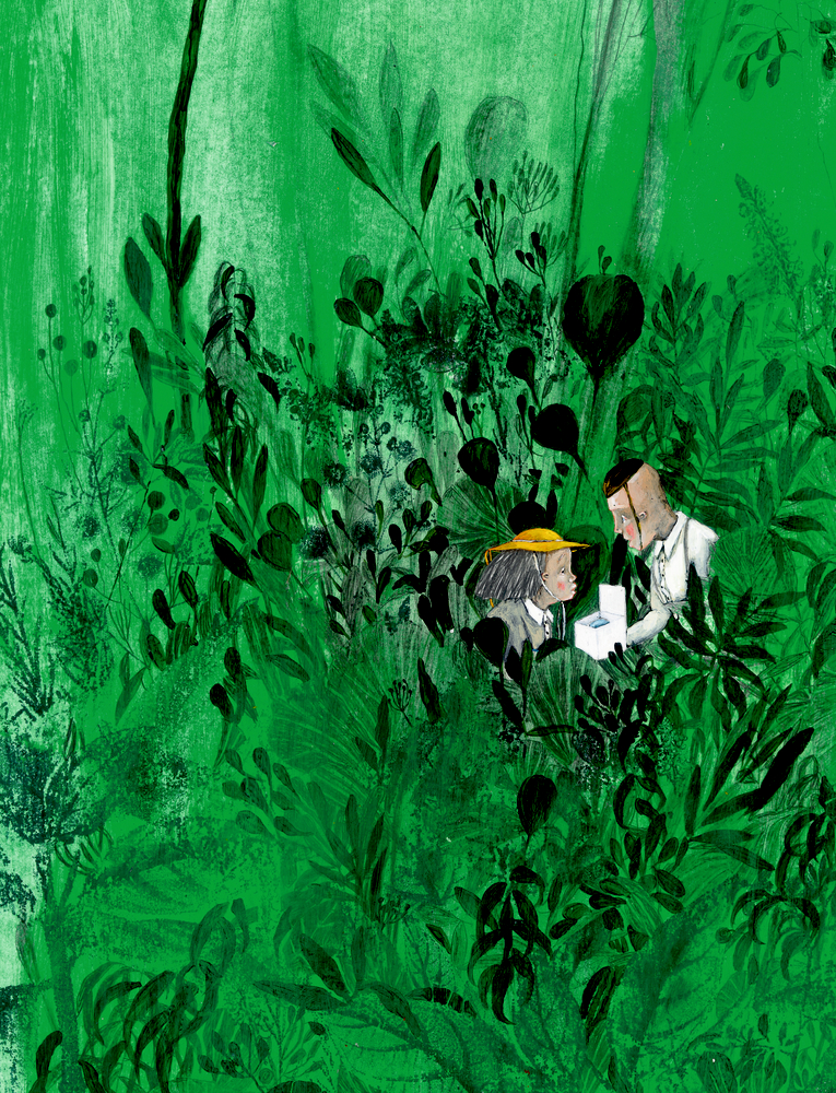 Ein großer lächelnder Vogel beugt sich zu einem kleinen Kind mit einer Krone hinunter, das ein gelbes Stofftier hält.