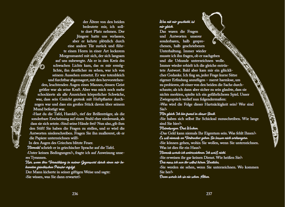 Zwei verzierte Säbel rahmen den deutschen Text auf zwei dunklen Seiten ein.