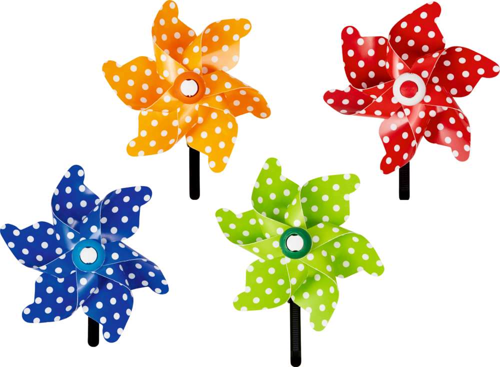 Mini-Windrad Bunte Geschenke Vier gepunktete Windräder in Blau, Gelb, Grün und Rot auf weißem Hintergrund.