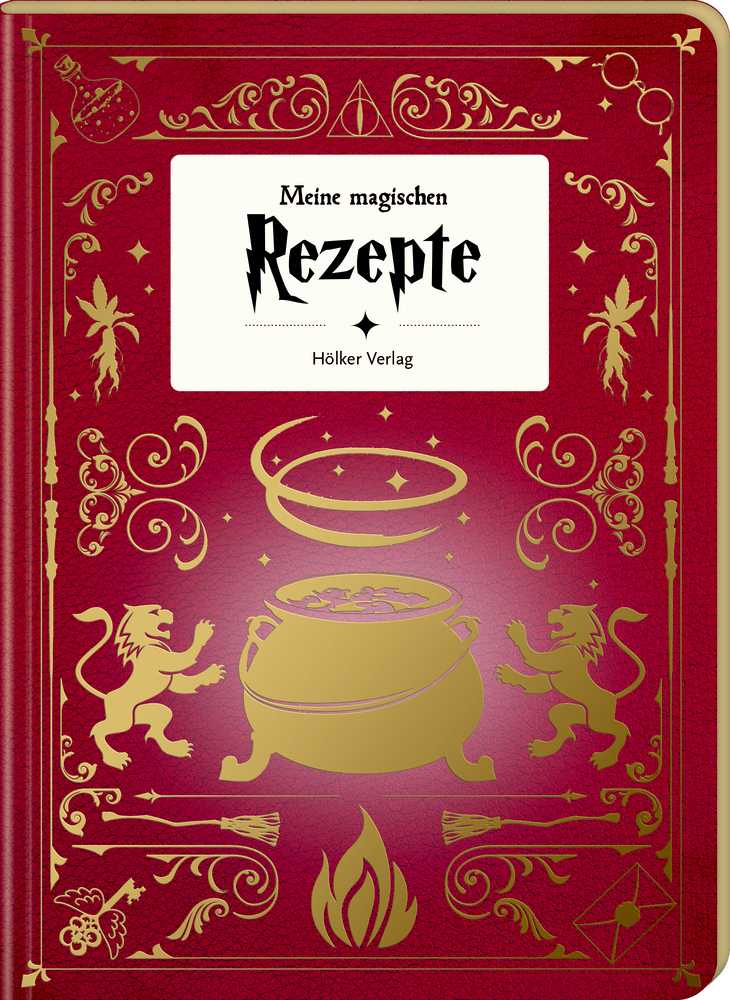 Roter Rezeptbucheinband mit goldenen Zaubersymbolen, Kessel, Löwen und Titel: „Meine magischen Rezepte.