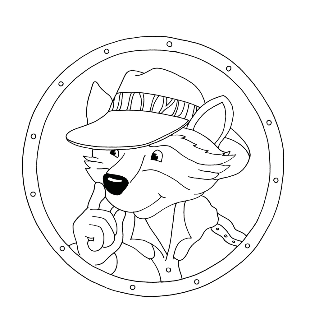 Gezeichneter Waschbär mit Hut und Hemd, der nachdenklich sein Kinn berührt, als Motiv für eine Ausmalseite.