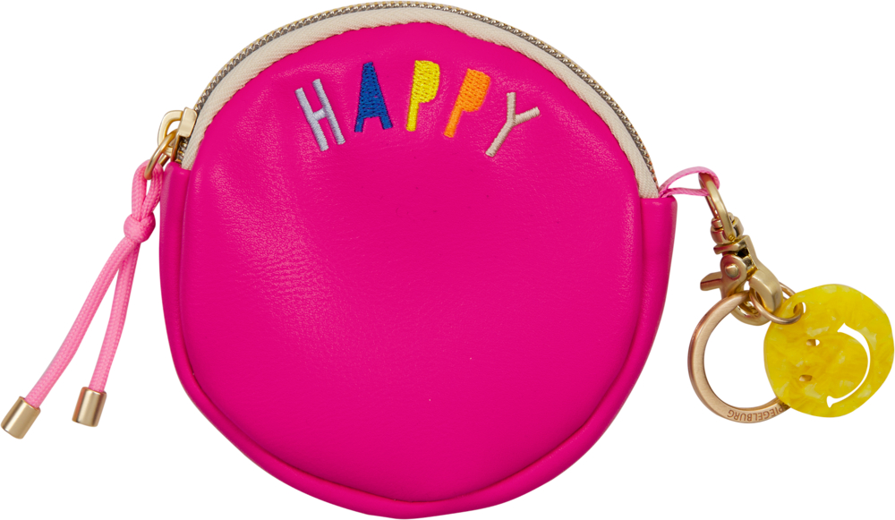 Pinkes Münz- und Schlüsselportemonee mit HAPPY in bunten Buchstaben und gelbem Schlüsselanhänger am Reißverschluss.