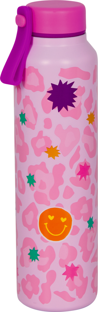 Isolierflasche - Friends Forever (ca. 0,5 l) Rosa Ioslierflasche mit bunten Sternen, einer lachenden Sonne und einem lila Deckel mit Henkel.