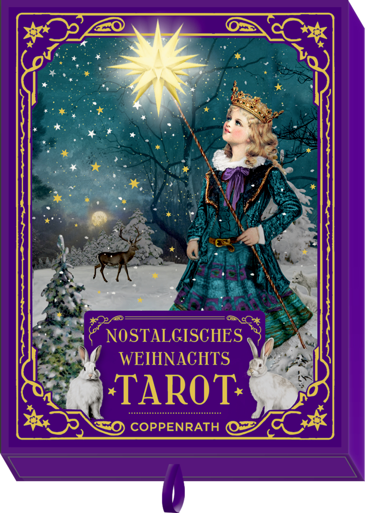 Mädchen in königlicher Kleidung blickt im verschneiten Wald mit Hirsch und Hasen auf Stern – festliche Tarotbox.