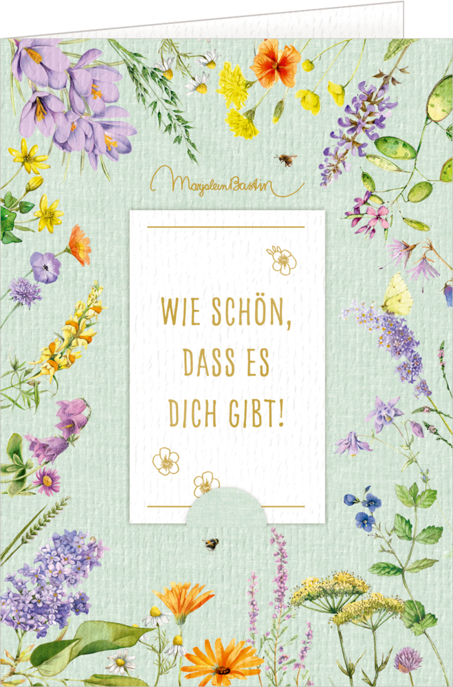 Grußkarte mit Kuvert GartenLiebe - M. Bastin Karte mit dem Spruch „WIE SCHÖN, DASS ES DICH GIBT!“ mit bunten Blumenmotiven auf hellgrünem Hintergrund.