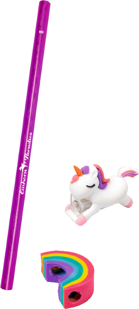 Ein lila Bleistift, ein Einhorn-Bleistiftspitzer und ein Regenbogen-Radiergummi nebeneinander.
