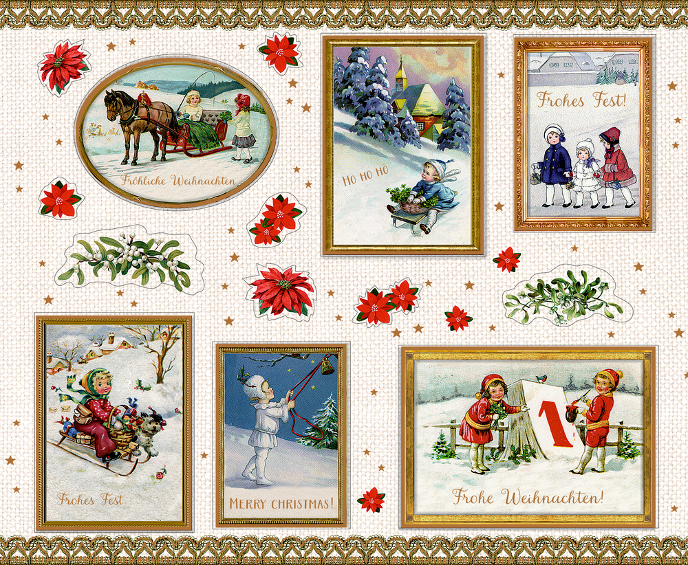 Vintage-Weihnachtssticker mit Kindern, Weihnachtssternen und festlichen Grüßen auf gemustertem Hintergrund.