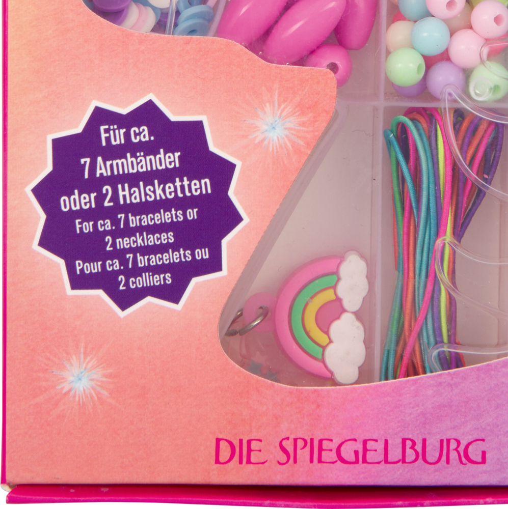 Perlenschmuck-Set: bunte Perlen, Schnur, Regenbogenanhänger; Schachtel mit deutschem und französischem Text.
