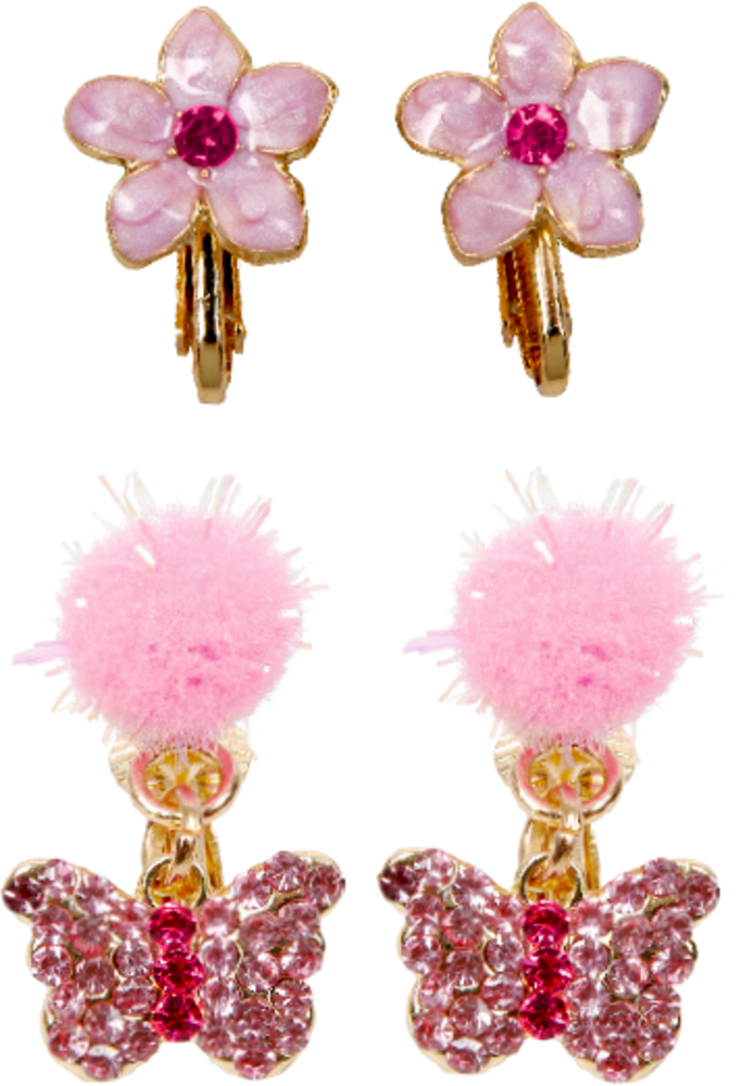 Ohrclip-Set - Prinzessin Lillifee  Zwei Paar rosa Clip-Ohrringe: eins mit Blumen, eins mit Pompons und verzierten Schmetterlingen.