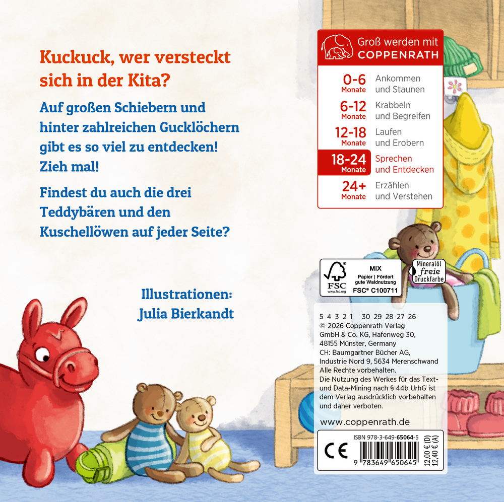 Buchrückseite mit drei Teddybären, ein roter Kuschellöwe und Spielzeug in einer bunten Kita-Umgebung mit Textblock und Verlagshinweisen.