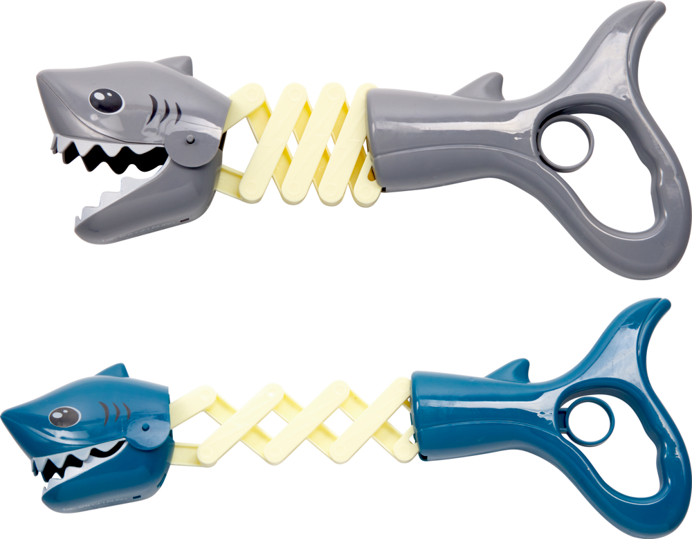 Zwei Kunststoff-Greifer mit Haiköpfen und Griffen, einer grau, einer blau.