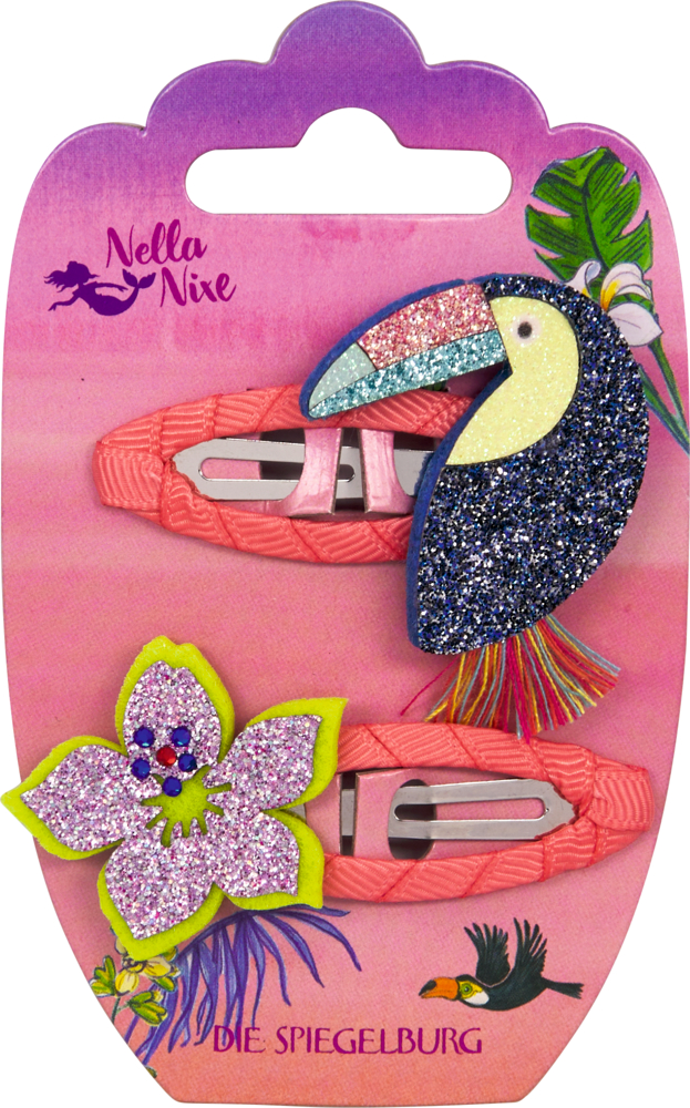 Zwei pinke Haarspangen, eine mit glitzerndem Tukan, eine mit funkelnder lila Blume.