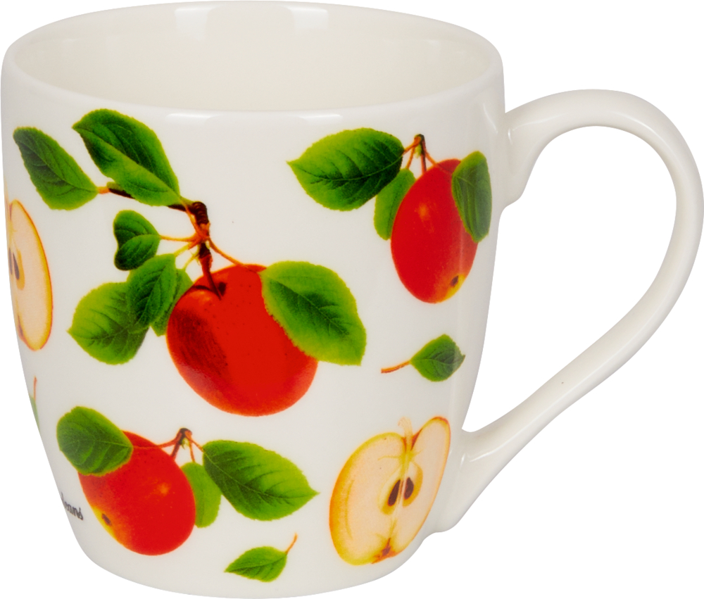 Porzellan-Tasse "Äpfel" - Sammlung Augustina  Weiße Keramiktasse mit Abbildungen von roten Äpfeln, grünen Blättern und Apfelscheiben.