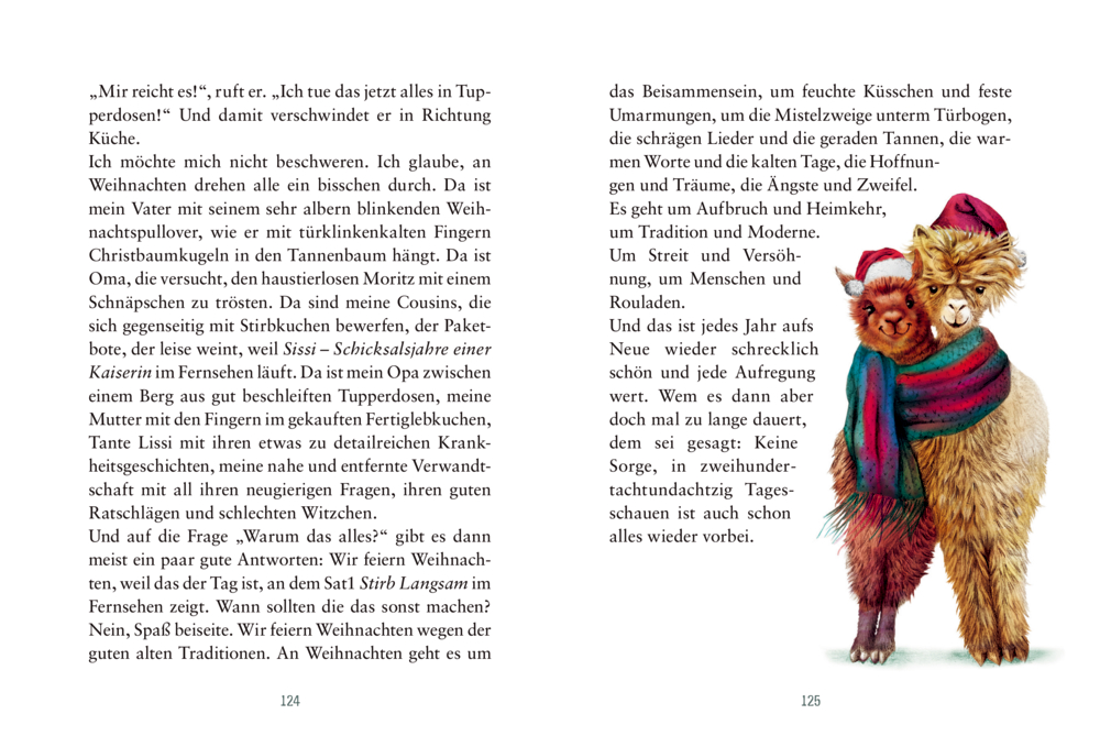 Zwei Lamas mit roten und braunen Winterschals stehen rechts auf einer Buchseite mit Text.