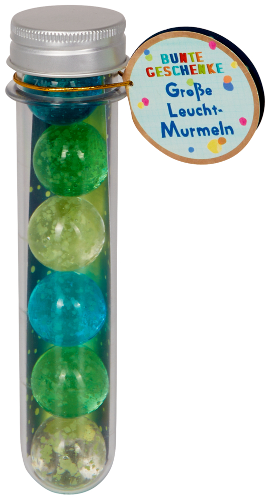 Klare Kunststoffröhre mit grünen und blauen Murmeln, versehen mit farbigem deutschen Etikett.