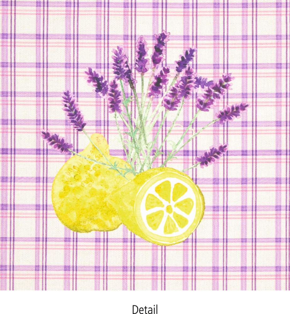 Aquarell Zitronen und Lavendel auf kariertem Hintergrund in Rosa und Lila.