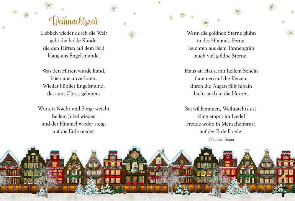 Festliches Weihnachtsgedicht auf einer Doppelseitemit bunten Häusern, Schnee, Bäumen und goldenen Sternen.