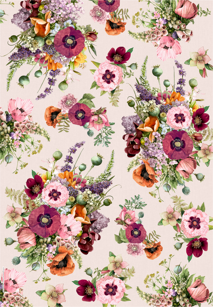 Geschenkpapierbogen mit leuchtenden Frühlingsblumen und grünen Blättern auf rosa-farbenem Hintergrund.