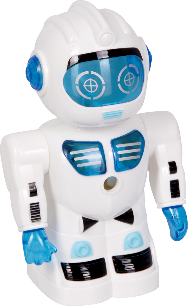Ein weiß-blauer Spielzeugroboter mit Visier steht aufrecht vor einem schlichten weißen Hintergrund.
