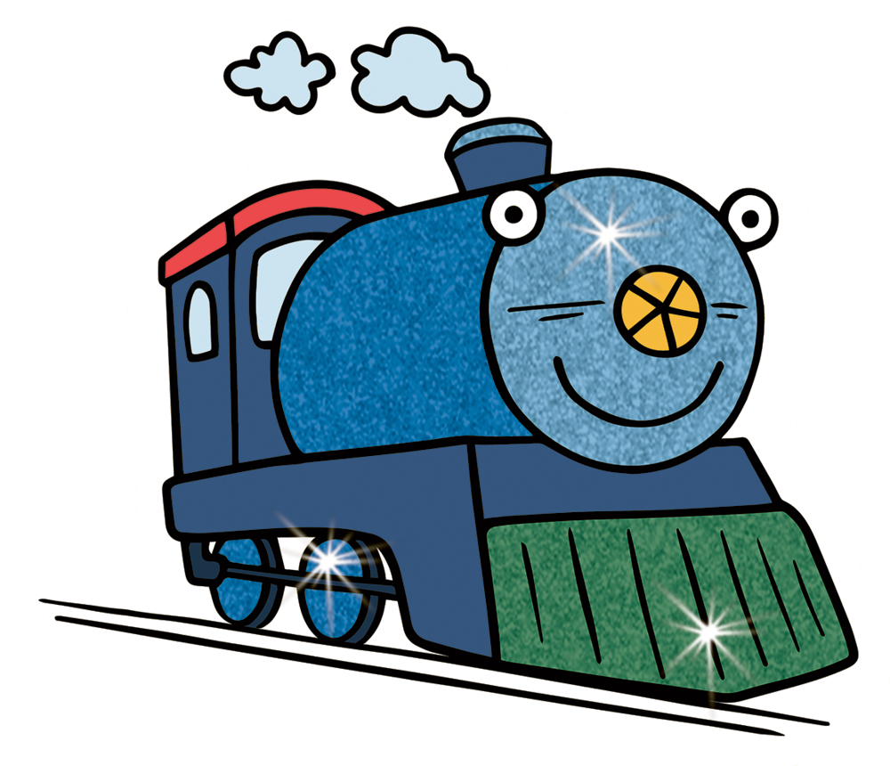 Eine gezeichnete Lokomotive mit Augen und lächelndem Mund.