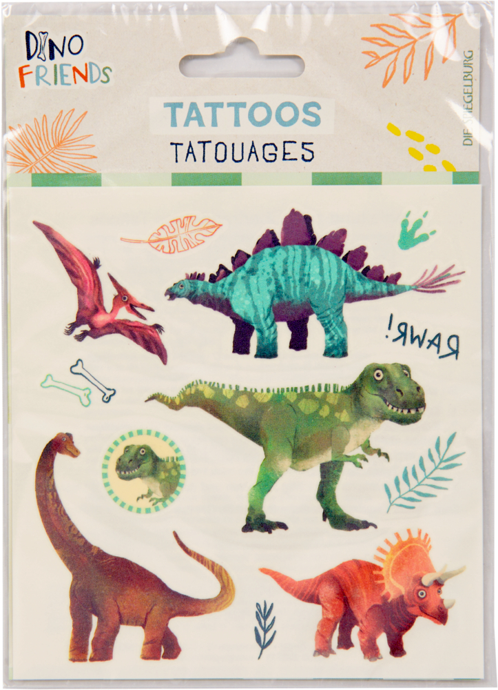 Tattoos - Dino Friends Buntes Set mit temporären Dinosaurier-Tattoos mit T. Rex, Stegosaurus, Triceratops und mehr.