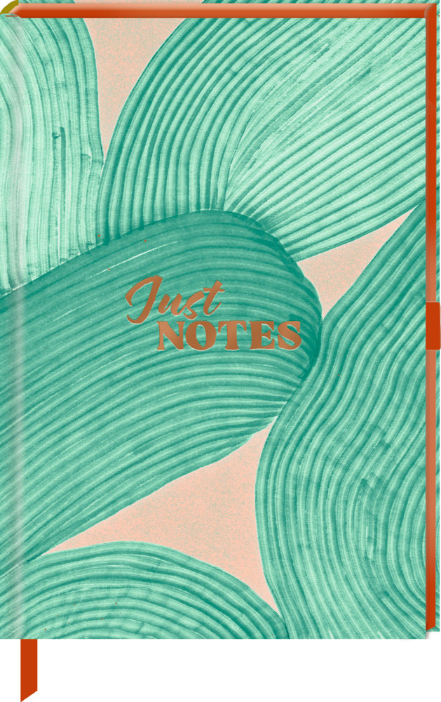 Notizbuch DIN A5: Just Notes (BOWS), Kreuzraster Grüner Notizbucheinband mit abstraktem Blattmuster und der orangefarbenen Aufschrift „Just NOTES“.