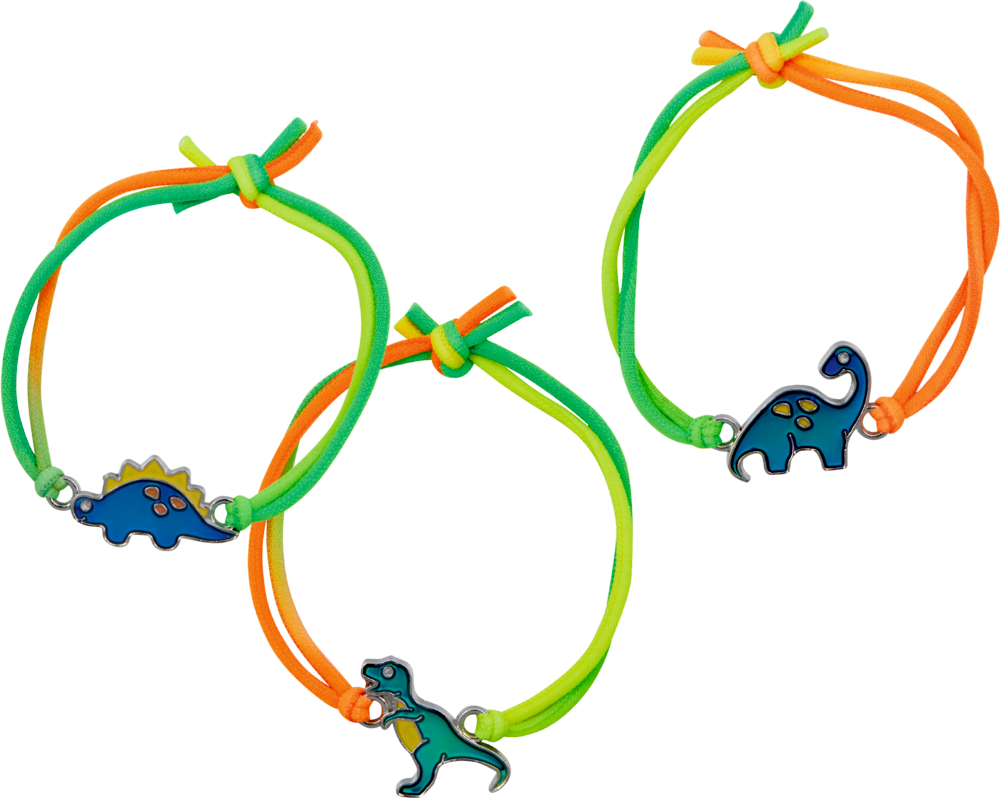 Auf weißem Hintergrund sind drei bunte Armbänder mit blauen Dinosaurieranhängern abgebildet.