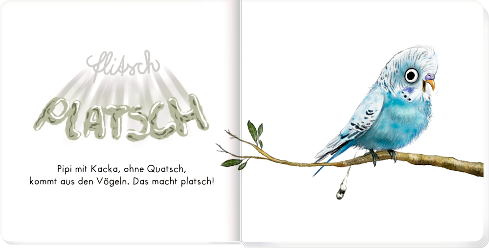 Auf einer Doppelseite mit  Text sitzt ein blauer Wellensittich auf einem Ast und acht Pipi, mit einem kurzen Reim und den Worten „Plitsch Platsch“.